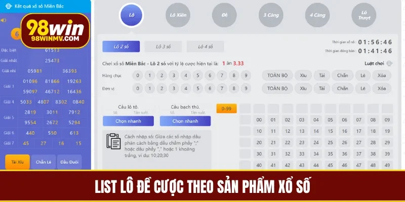 List lô đề cược theo sản phẩm xổ số